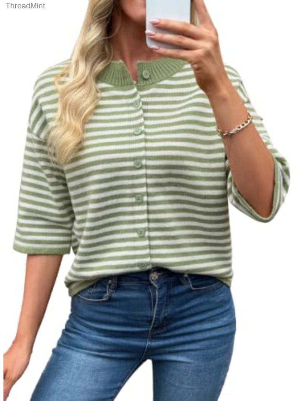 Womens Striped Knit Cardigan 3/4 Sleeve Button Front Sweater